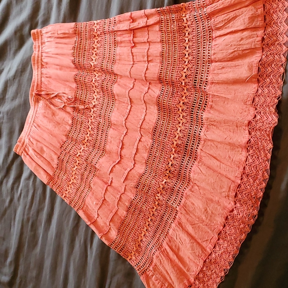 Magic Coral Cotton Blend Midi Skirt with Crochet Tiers